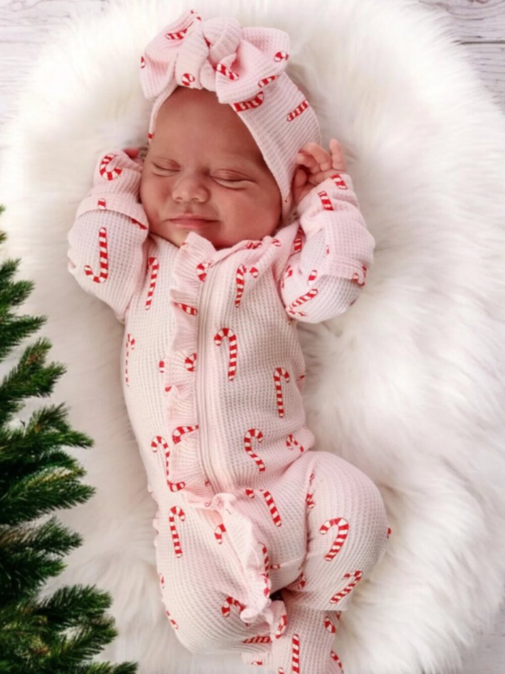 SpearmintLove Organic Waffle Ruffle Zip Footie, Pink Candy Cane